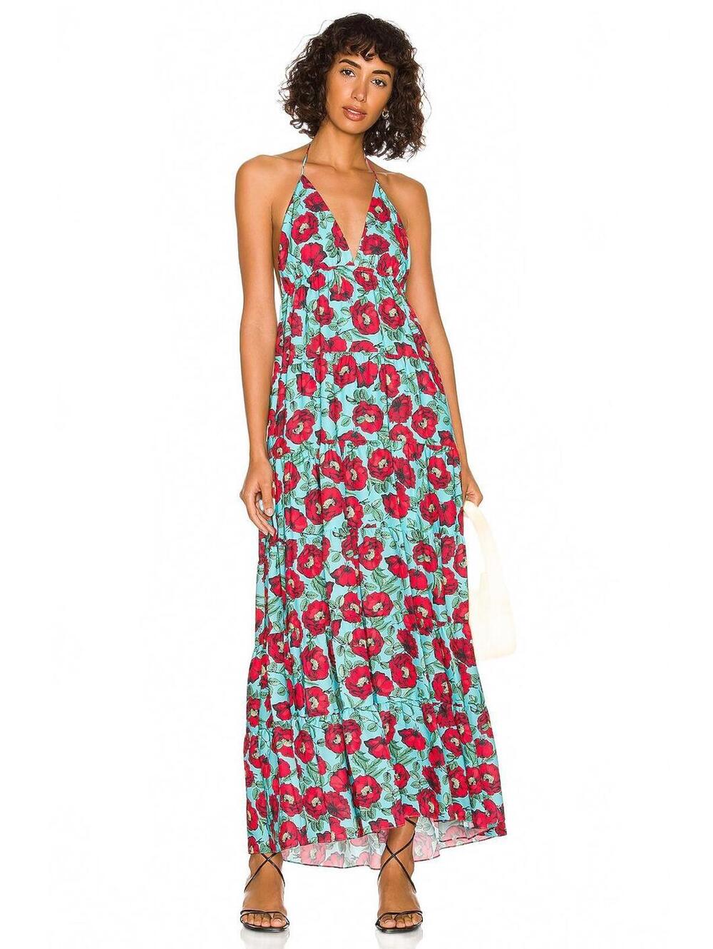 $440 NWT Alice + Olivia Beach Aqua Floral Mae Tiered Midi Maxi Dress Size 0 XS